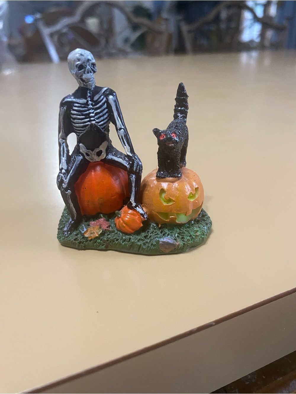 Lemax Halloween Skeleton and Black Cat Pumpkin Figurine - Orange, Black, Green